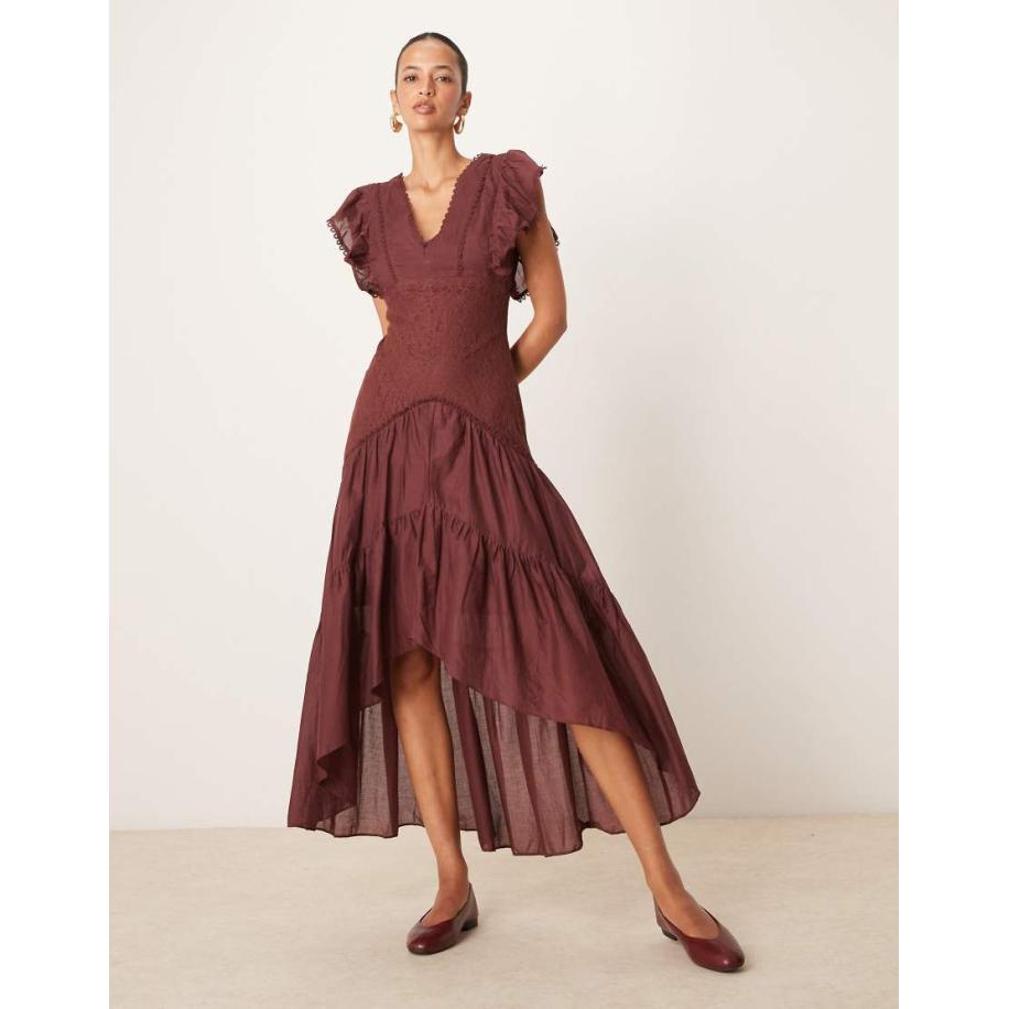 ASOS DESIGN Kanten maxi jurk met ruches in bordeauxrood Rood