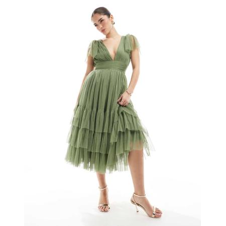 Lace & Beads Bruidsmeisjes Madison Midi-jurk in zacht olijfgroen