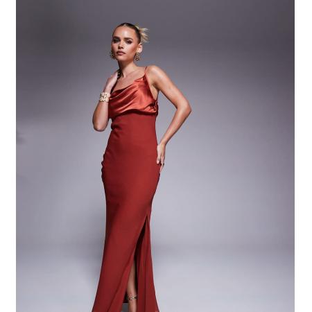 ASOS DESIGN Petite Maxi jurk van mix van satijn en chiffon met gedrapeerde en blote schouder in gebrand rood