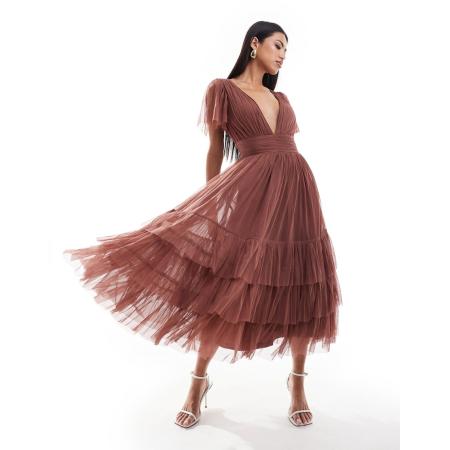 Lace & Beads Madison Midi jurk van tule met V-hals in rozebruin