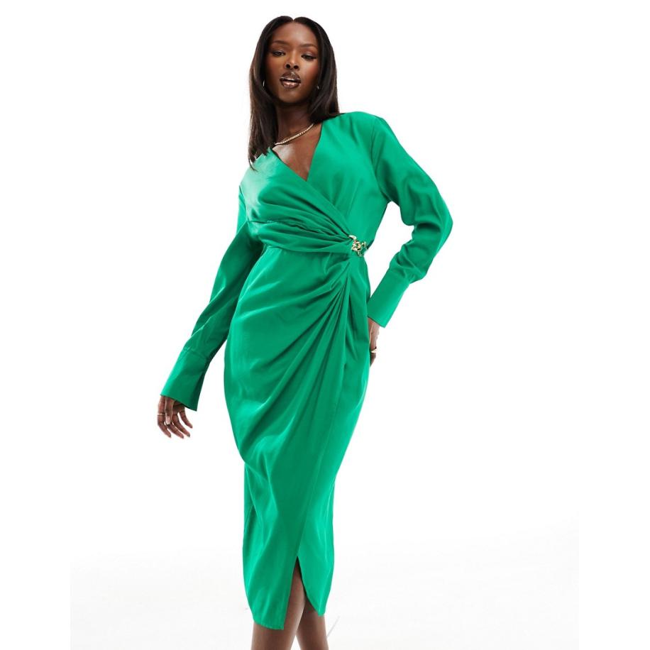 AX Paris Midi jurk met overslag en clip in felgroen Groen