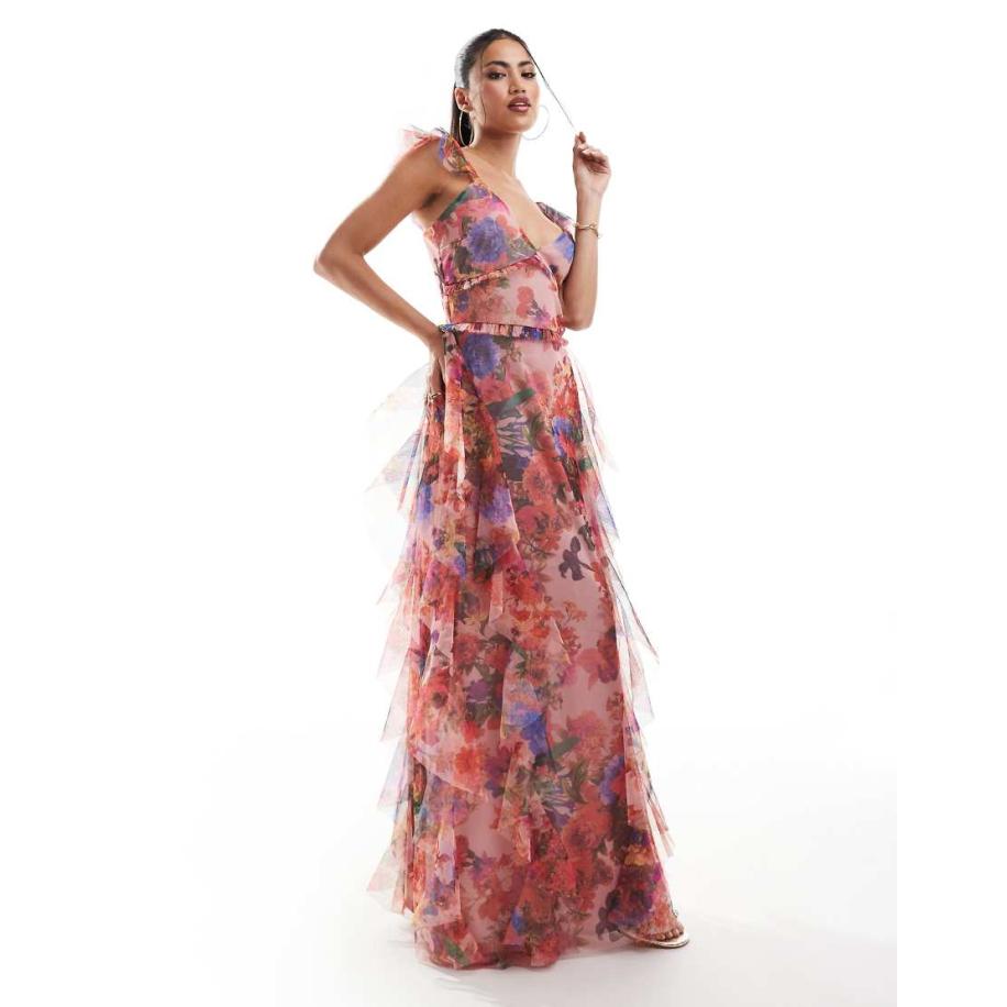 Lace & Beads Maxi jurk van tule met ruches in rood en kobaltblauwe bloemenprint-Veelkleurig Multicolor