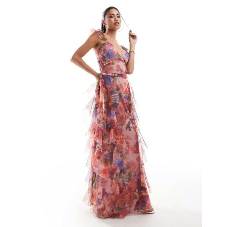 Lace & Beads Maxi jurk van tule met ruches in rood en kobaltblauwe bloemenprint-Veelkleurig