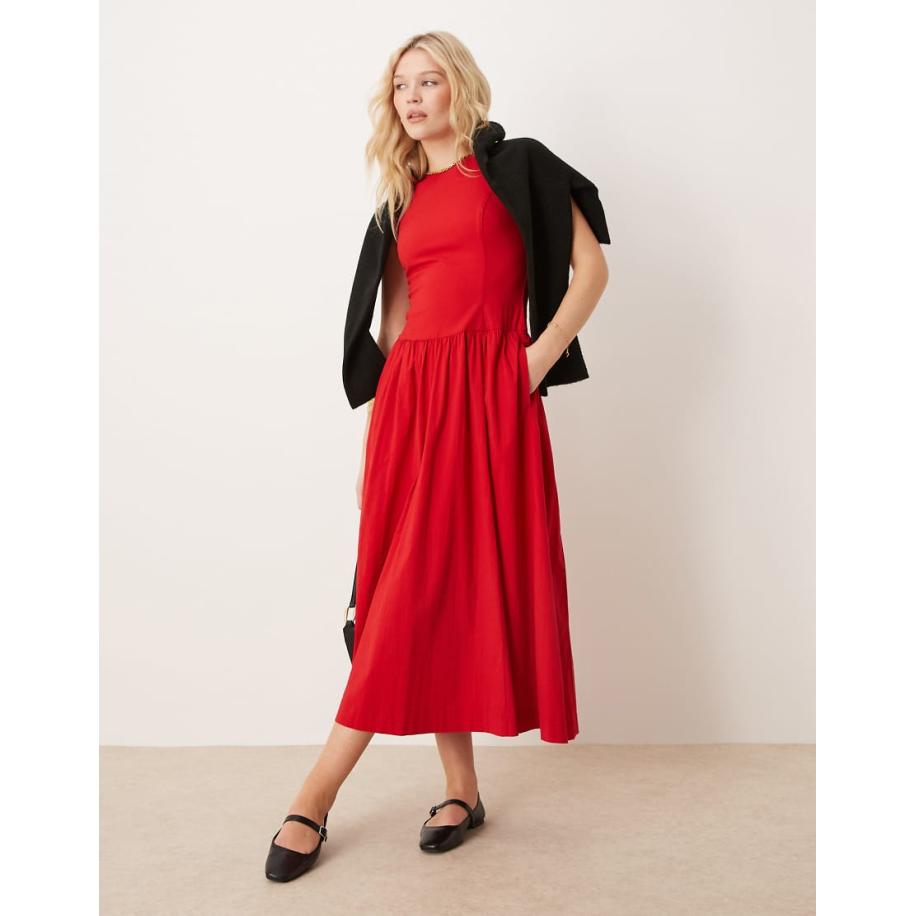 Abercrombie & Fitch Hoogsluitende midi-jurk met verlaagde taille in rood Rood