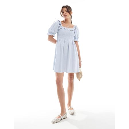 New Look Gesmokte mini-jurk met ruches in blauw