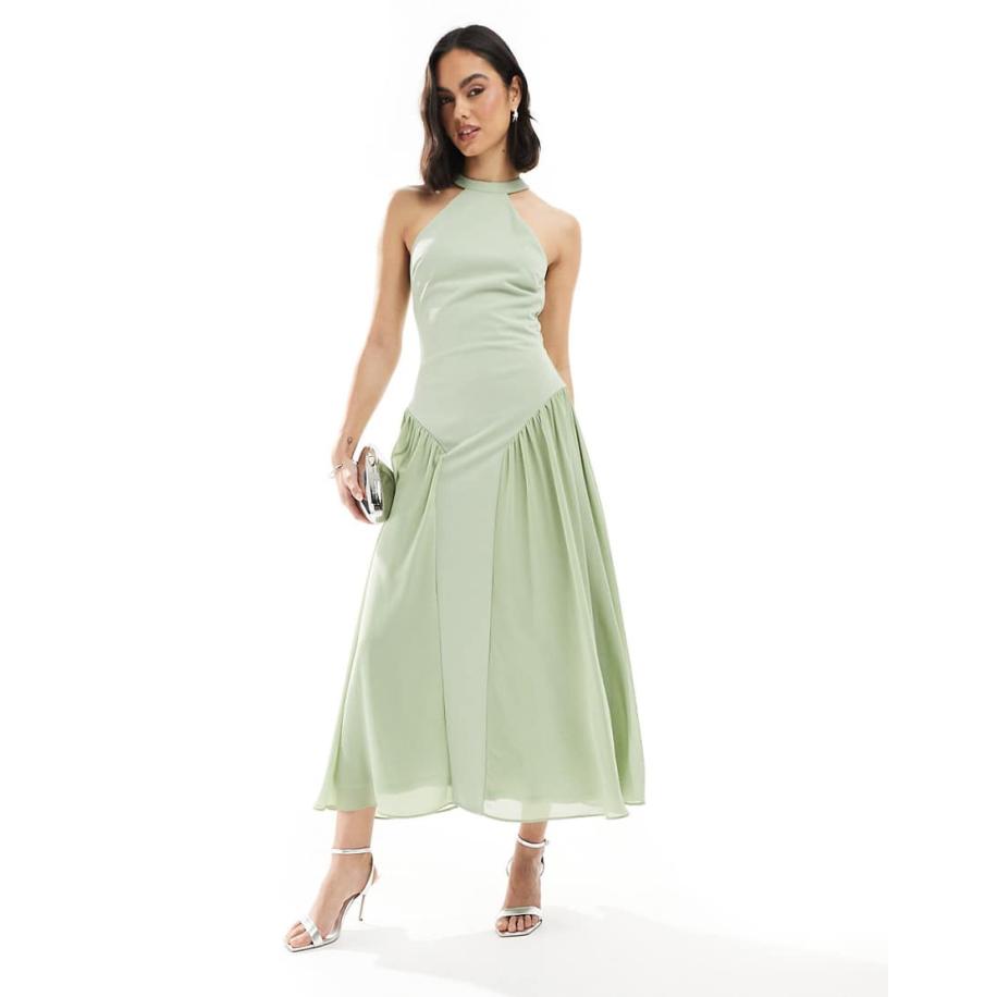 TFNC Bruidsmeisjes Maxi jurk met hoge hals en volle rok in saliegroen Groen