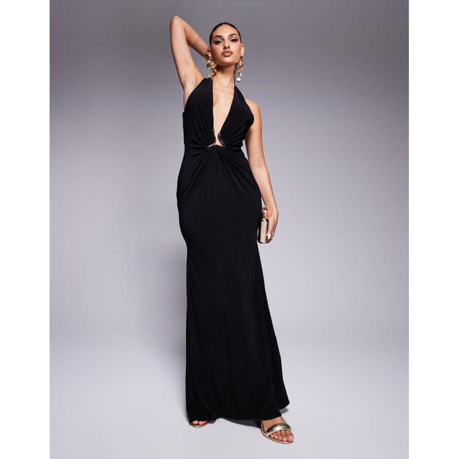 ASOS DESIGN Super diepuitgesneden maxi-jurk met oversized gouden afwerking in zwart Zwart