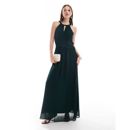 Vila Bruidsmeisjes Maxi jurk met halternek in donkergroen