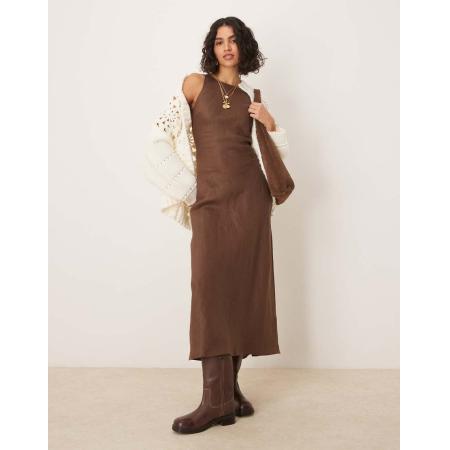 VRG GRL Opal Mouwloze linnen maxi jurk in bruin