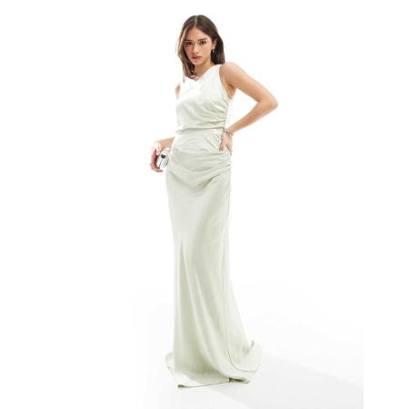 Six Stories Bruidsmeisjes Asymmetrische satijnen maxi jurk met gedrapeerde hals in mintgroen