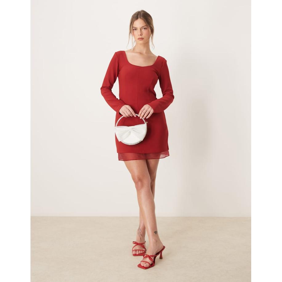 Abercrombie & Fitch Mini jurk met A-lijn, lage ronde hals en doorschijnend inzetstuk in bordeauxrood Rood