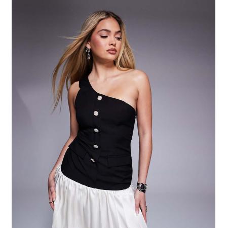 Kaiia Exclusives Mini jurk met blote schouder, plooien in de rok en gouden knopen in zwart en crème-Veelkleurig