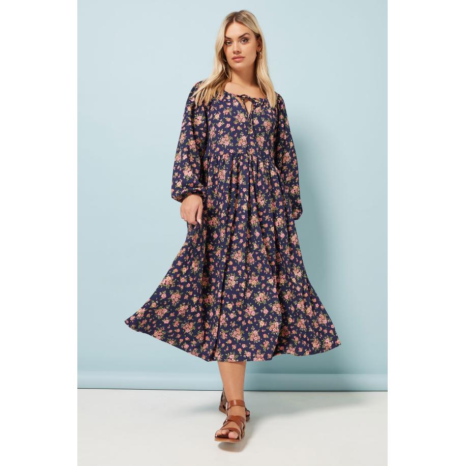 Yours Midaxijurk Met Bloemmotief, Lange Mouwen En Strikdetail In Donkerblauw Size 42 Blauw