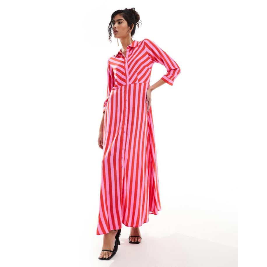 YAS Gestreepte maxi overhemdjurk in roze en rood-Veelkleurig Multicolor