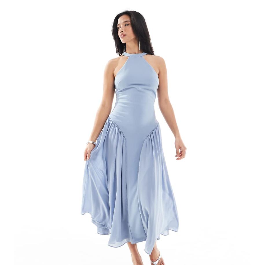 TFNC Petite Bruidsmeisjes Hoogsluitende maxi-jurk met volle rok in oudblauw Blauw