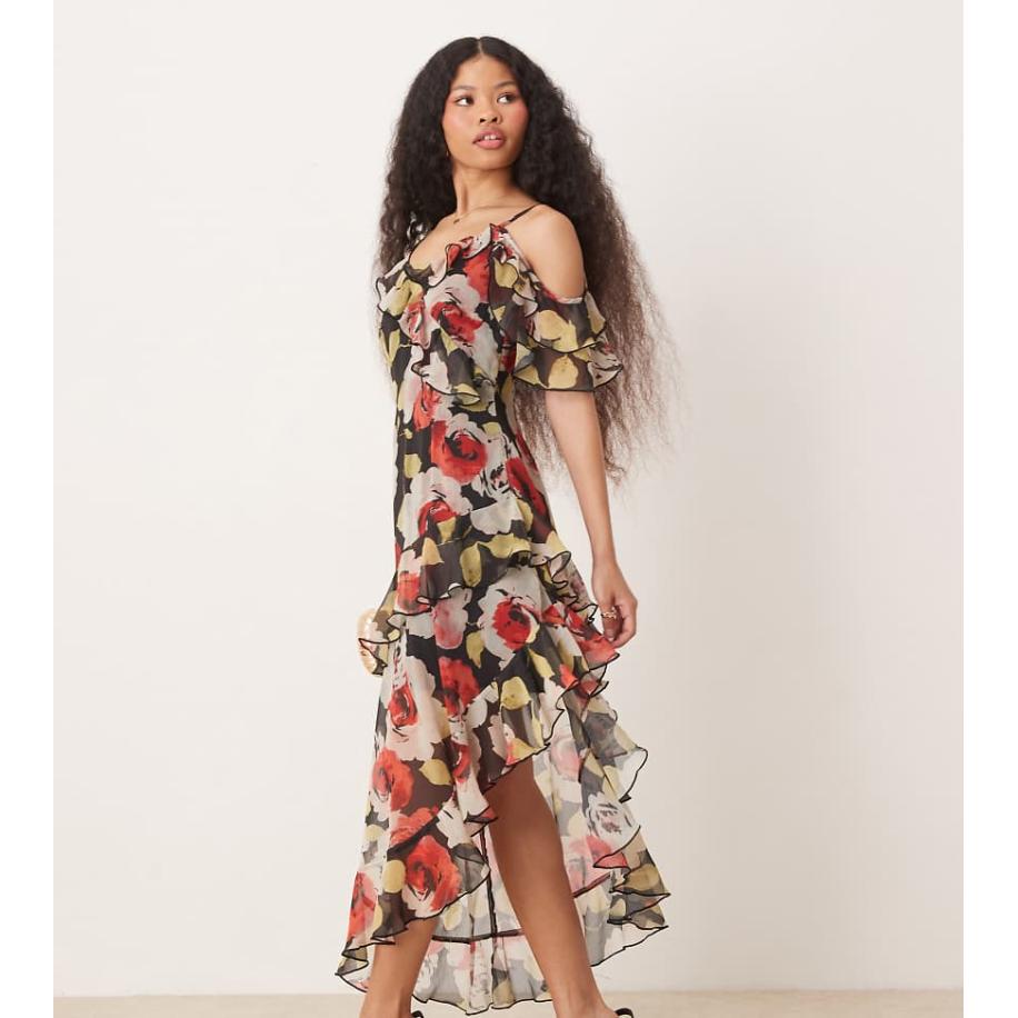 Miss Selfridge Petite Maxi-jurk met ruches en bloemenprint-Veelkleurig Multicolor