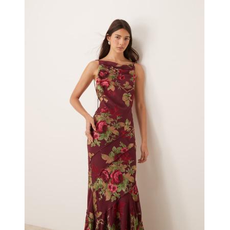 ASOS DESIGN Schuingesneden maxi jurk met gedrapeerde halslijn en burn-out bloemenprint in bordeauxrood-Veelkleurig