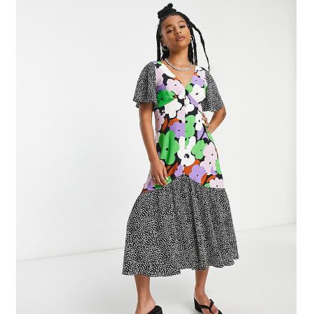 Topshop Petite Mix en match Midi-jurk met opvallende bloemenprint in multi-Veelkleurig