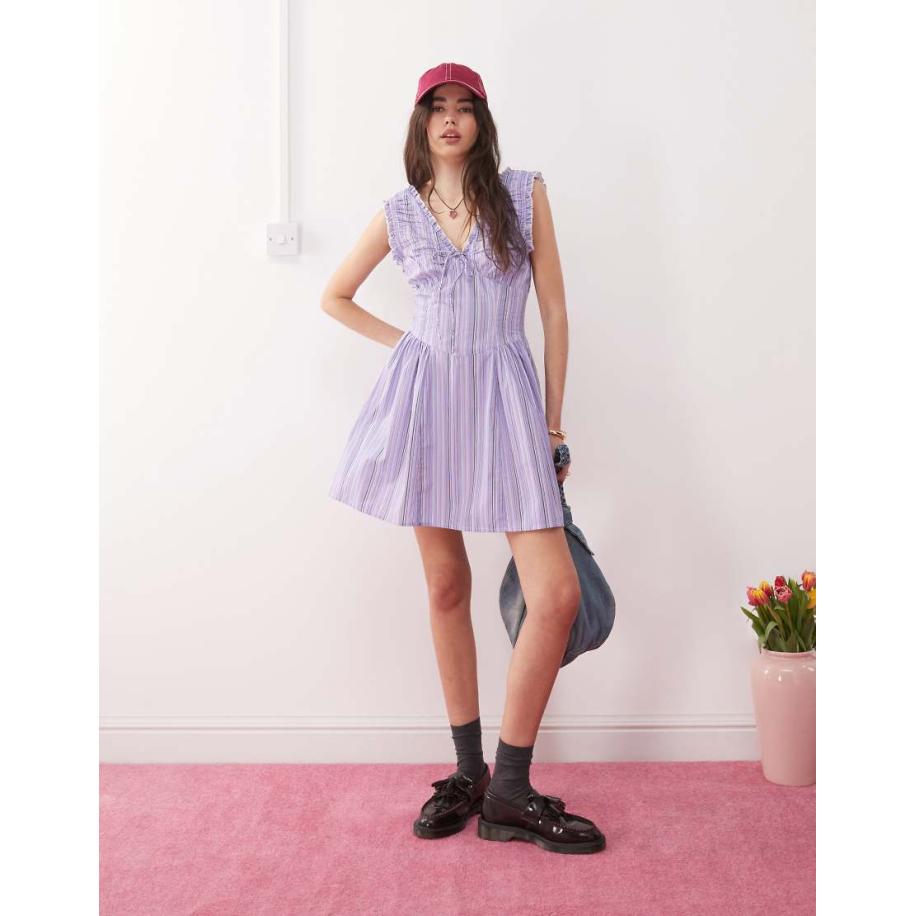 Reclaimed Vintage Gestreepte zonnejurk met gerimpelde details in snoeppaars-Veelkleurig Multicolor