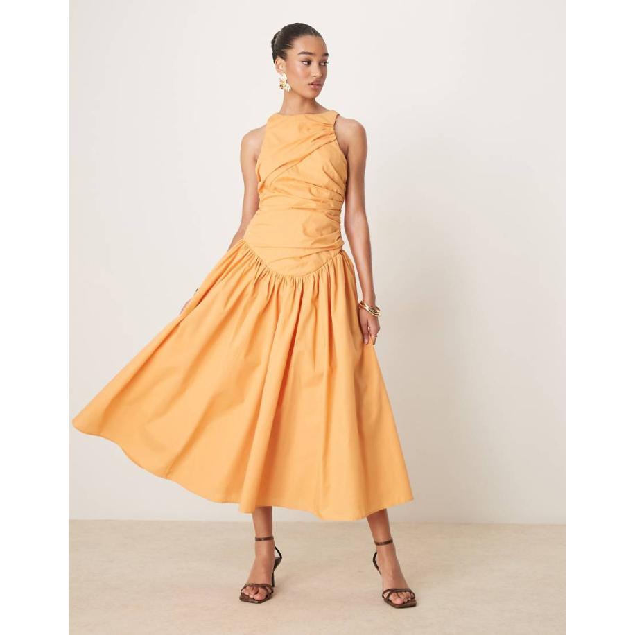 ASOS DESIGN Gerimpelde maxi-jurk met structuur en volle rok in abrikoos-Oranje Oranje