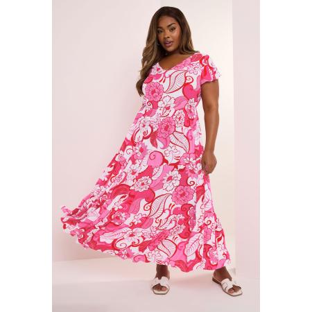 Yours Maxi Jurk Van Kreukelstof Met Bloemenmotief En Korte Mouwen In Roze Size 54-56