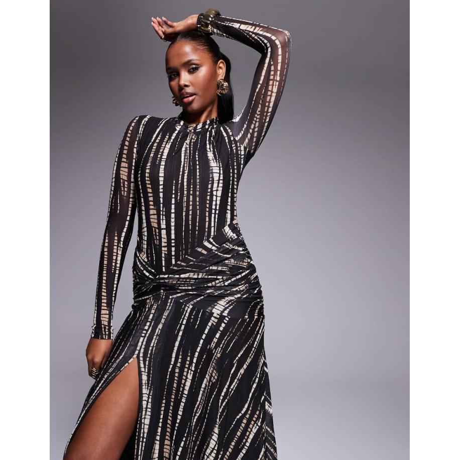 Bardot Doorschijnende maxi-jurk van mesh met diepuitgesneden, gedraaide voorkant en print in bruin Bruin