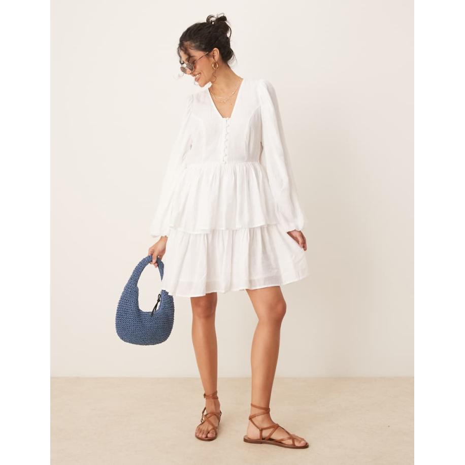 YAS Boho mini jurk met pofmouwen en knoopsluiting aan de voorkant in wit Wit