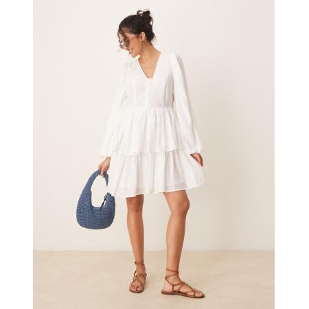 YAS Boho mini jurk met pofmouwen en knoopsluiting aan de voorkant in wit