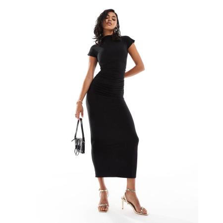 Kaiia Exclusives Hoogsluitende bodycon maxi jurk van gladde stof met kapmouwtjes in zwart
