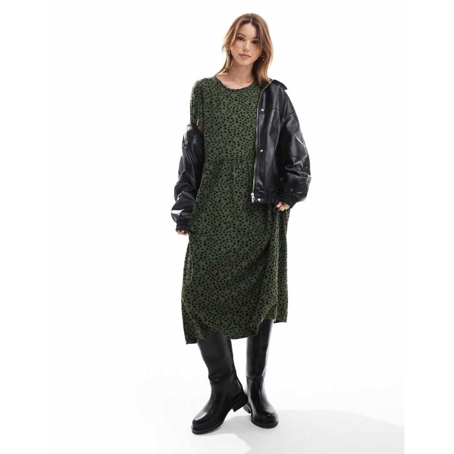 Wednesday's Girl Midi jurk met vervaagde stippenprint in kaki groen-Goud Goud