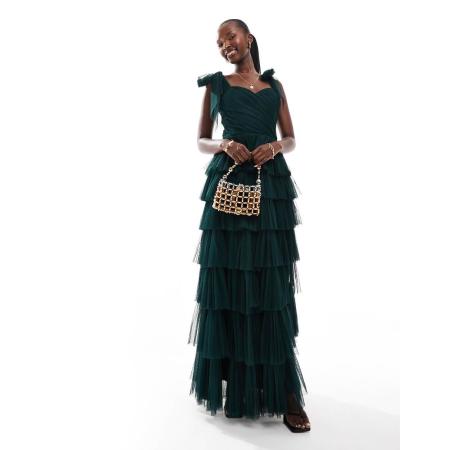 Lace & Beads Maxi jurk van tule met strik op de schouders en stroken in smaragdgroen