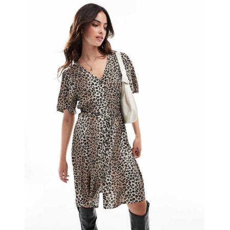 Vila Midi jurk met knoopsluiting en gestrikte taille in luipaardprint-Veelkleurig
