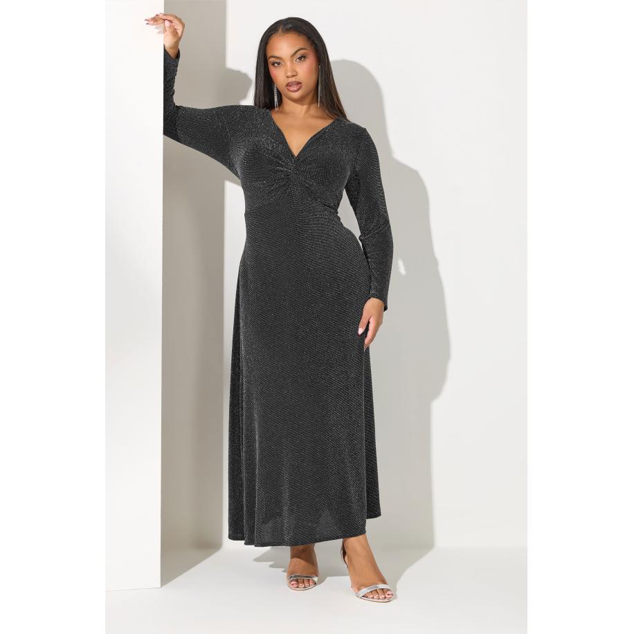 Yours London Plus Size Black Metallic Knot Front Dress Size 54-56 Zwart