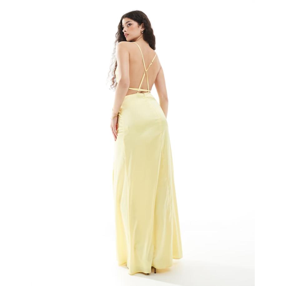 TFNC Bruidsmeisjes Maxi jurk van satijn met bandjes op de rug in citroengeel Geel