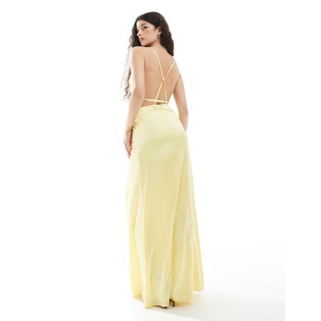 TFNC Bruidsmeisjes Maxi jurk van satijn met bandjes op de rug in citroengeel