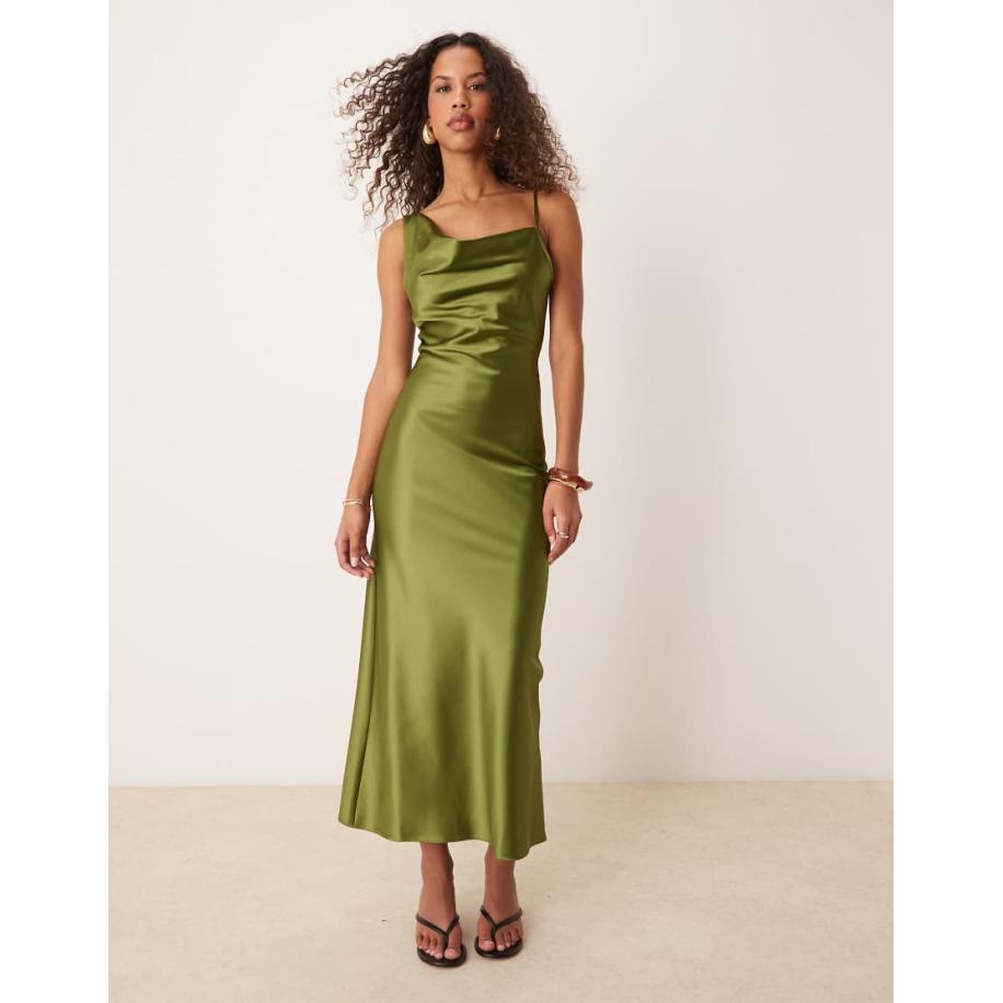 Miss Selfridge Midi slipdress van satijn met gedrapeerde halslijn in olijfgroen Groen