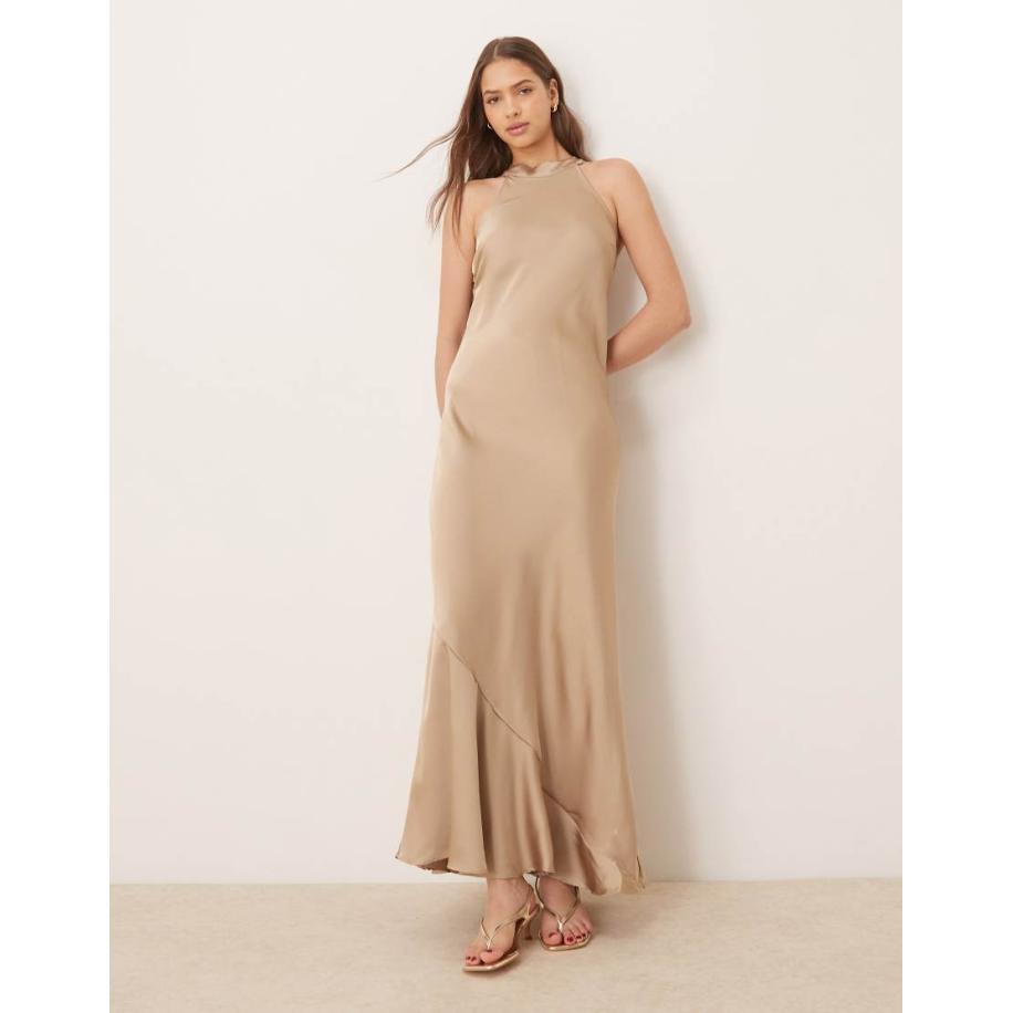 VILA Maxi jurk van glad satijn met halternek in beige-Neutraal Multicolor