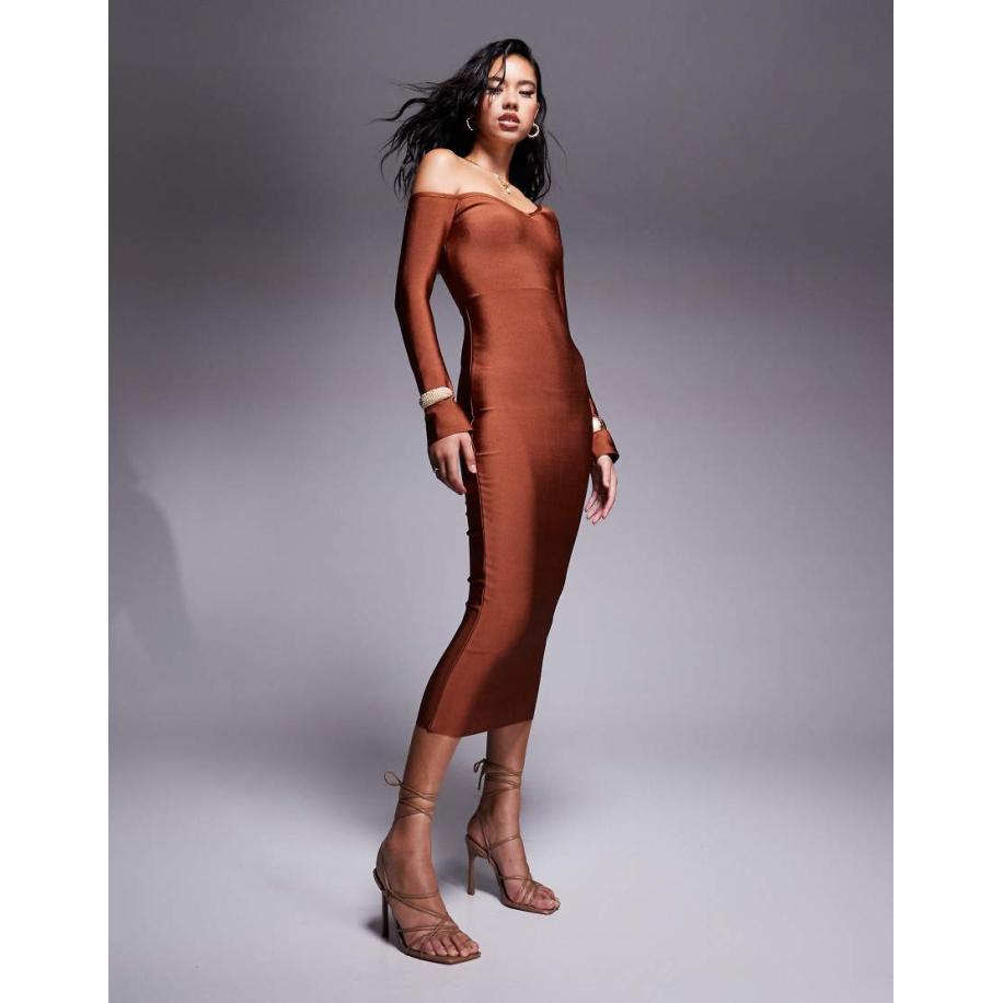 ASOS DESIGN Bandage midi-jurk met blote schouders en lange mouwen in roestkleur-Bruin Bruin