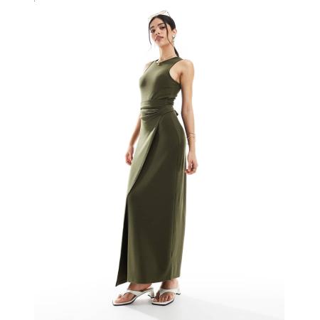 4th & Reckless Mouwloze maxi-jurk met drapering en gestrikte zijkant in olijfgroen