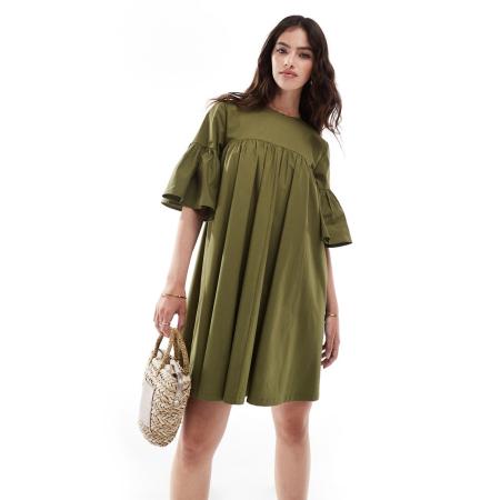 ASOS DESIGN Aangerimpelde mini-jurk met oversized mouwen in olijfgroen-Veelkleurig