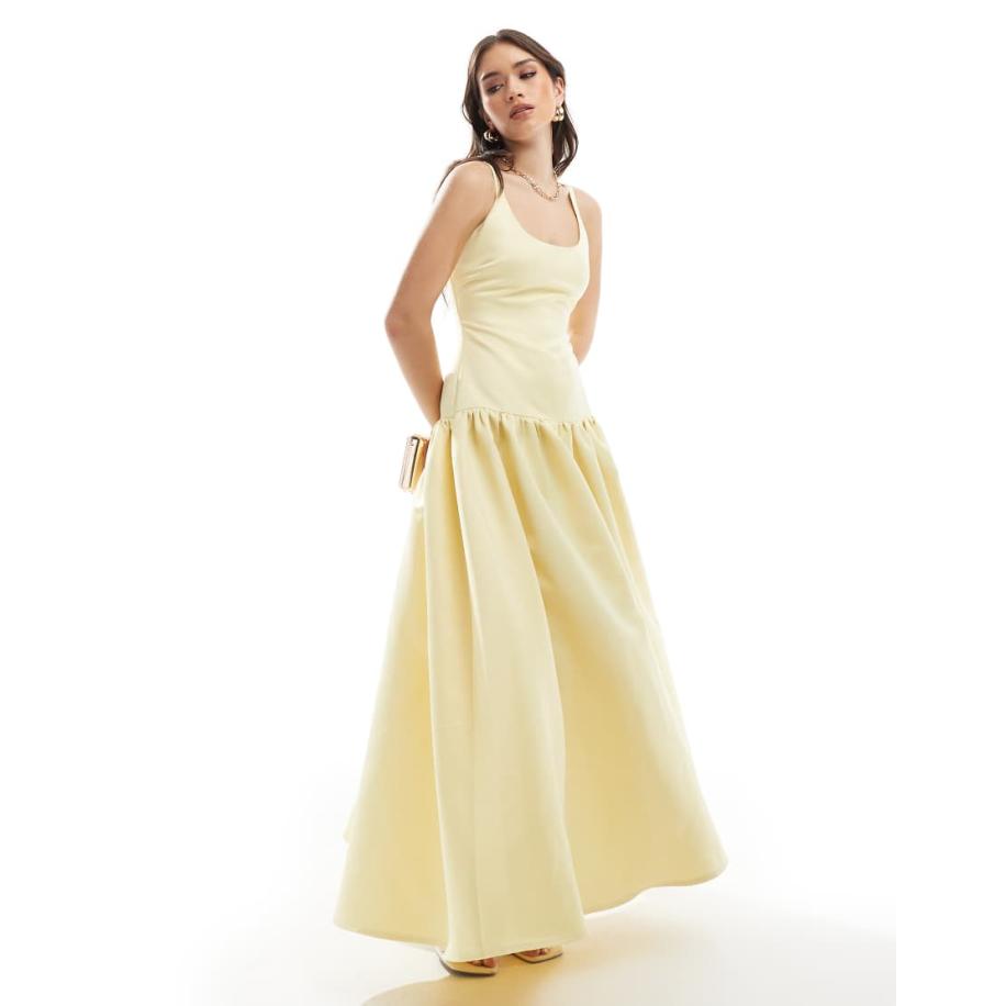 4th & Reckless Gestructureerde satijnen maxi-jurk met ronde hals en verlaagde taille in geel Geel