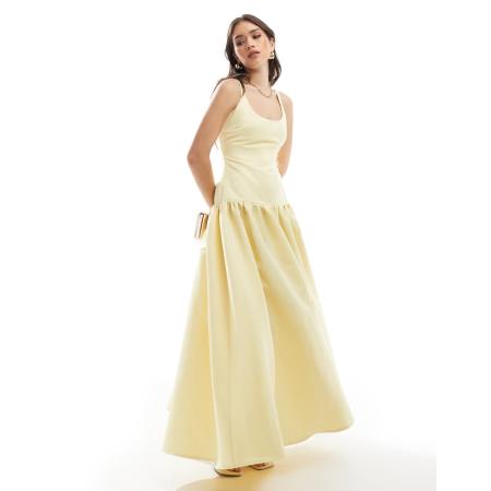 4th & Reckless Gestructureerde satijnen maxi-jurk met ronde hals en verlaagde taille in geel