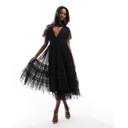 Lace & Beads Bruidsmeisjes Madison Midi-jurk van tule met V-hals in zwart