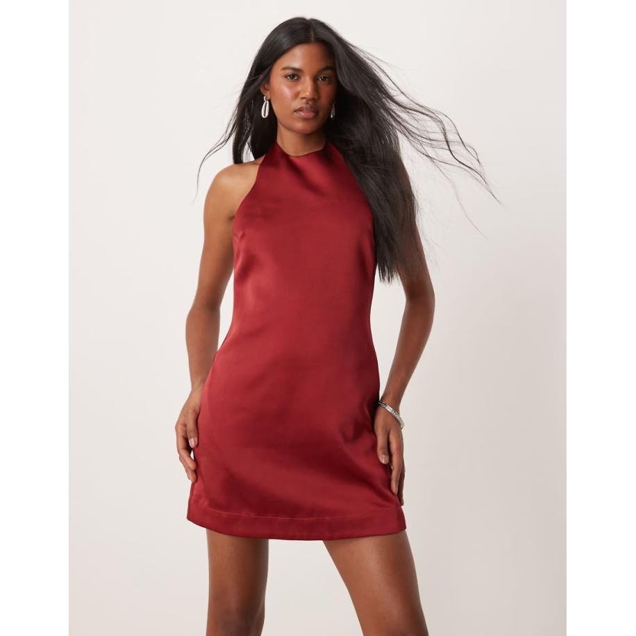 Six Stories Rechtvallende satijnen mini jurk in robijnrood-Zilver Zilver