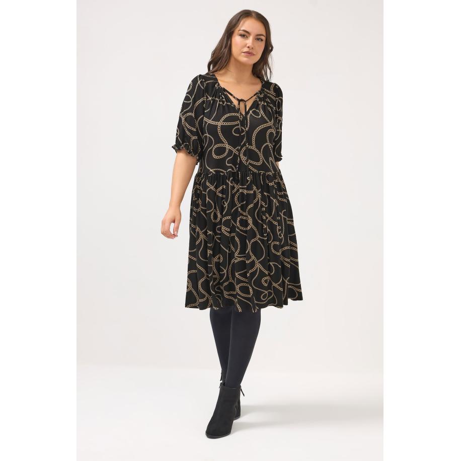 Yours Plus Size Black Chain Print Tie Neck Dress Size 58-60 Zwart
