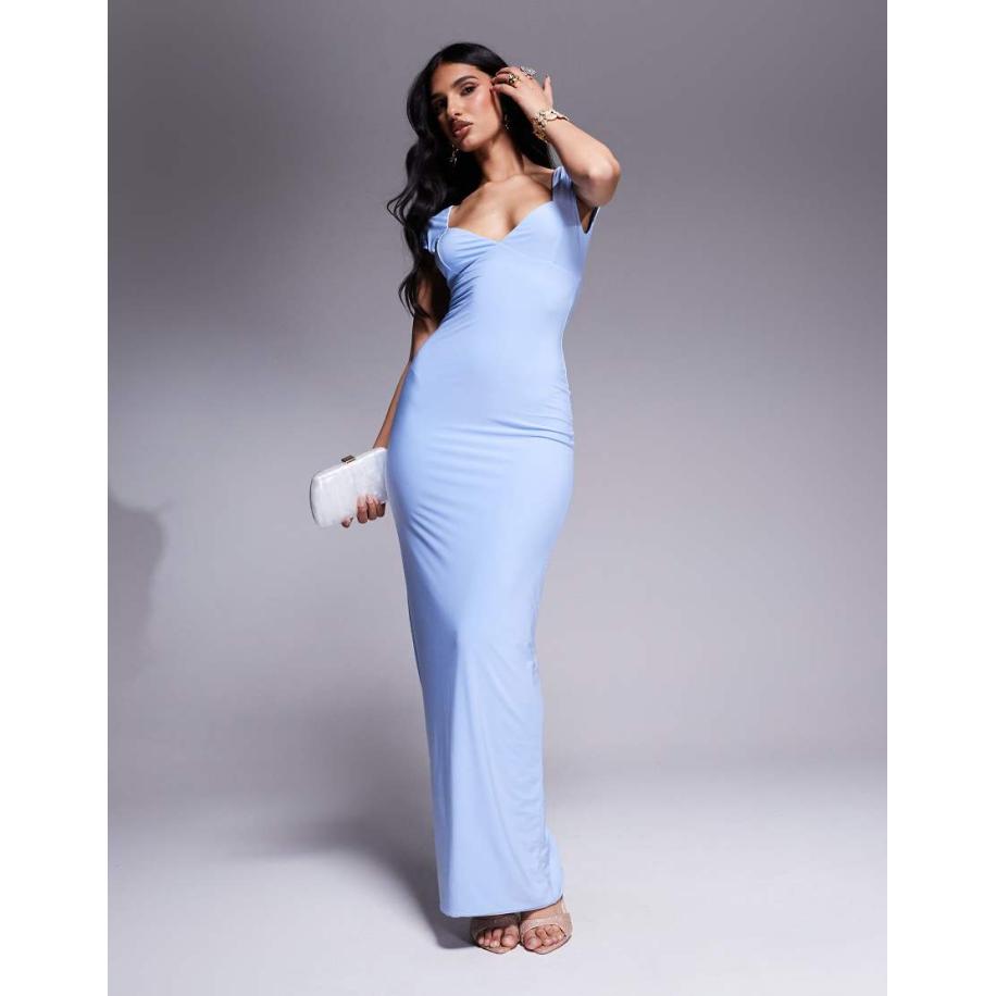 Fashionkilla Dubbel vormgegeven bodycon maxi-jurk van gladde stof met hartvormige halslijn en open achterkant in blauw Blauw