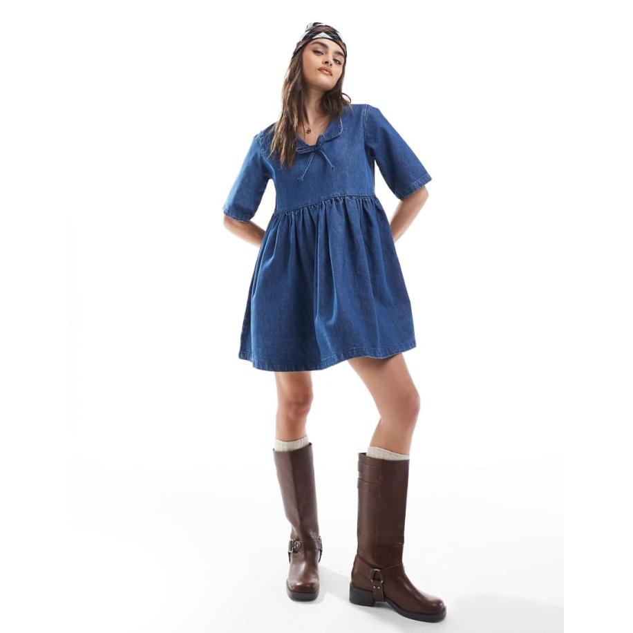 Daisy Street Aangerimpelde denim mini-jurk in vintage blauw Blauw