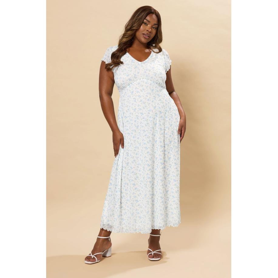 Yours Midaxi Jurk Van Mesh Met Bloemenmotief En Ruchemouwen In Wit Size 66-68 Wit