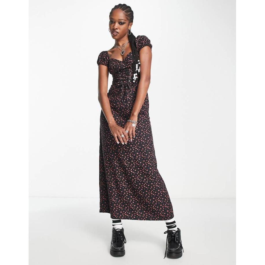 Motel Midaxi grunge jurk met print van rozenknopjes en kruisbandjes in zwart Zwart