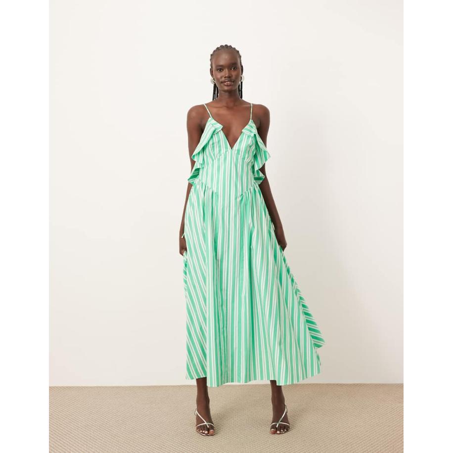 ARRANGE Katoenen midi jurk met ruches en open achterkant in groene strepenprint-Veelkleurig Multicolor